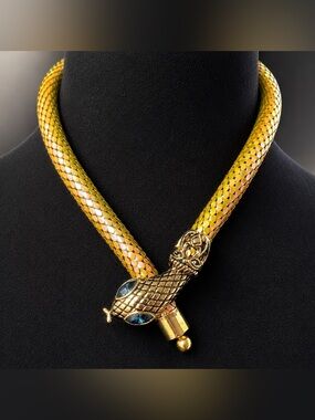 DL Auld Vintage Iridescent Yellow Mesh Snake Serpent Necklace Blue Crystal Eyes